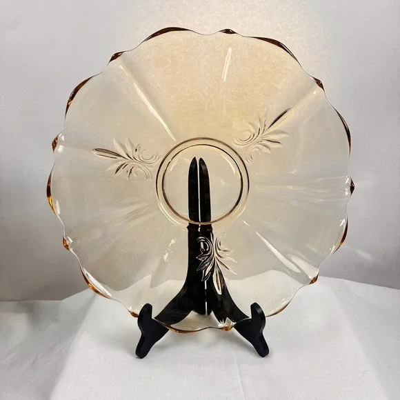 Vintage Amber Glass Scalloped Edge Dessert Cake‎ Stand Tray Floral Etched Topaz - Picture 11 of 16